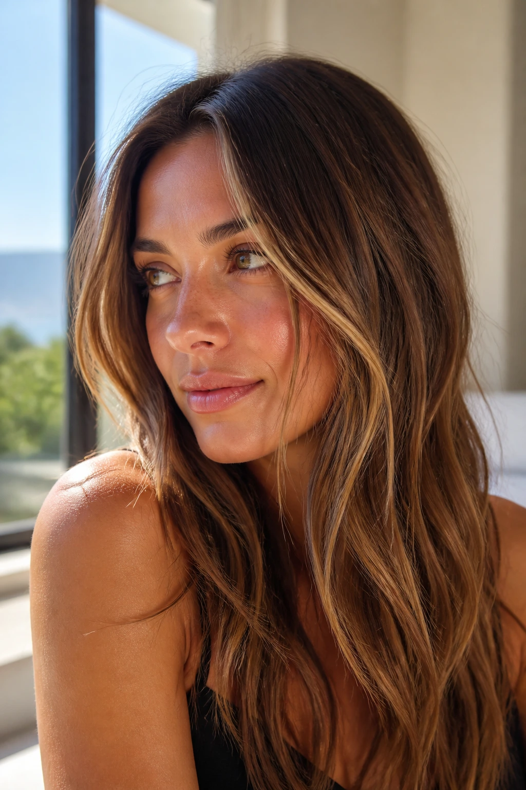 Close-up of sun-kissed brunette hair with balayage and root shadow in warm window light