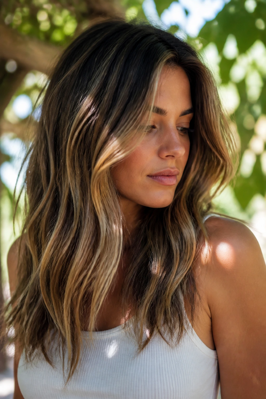 Close-up of sun-kissed hair with champagne highlights outdoors