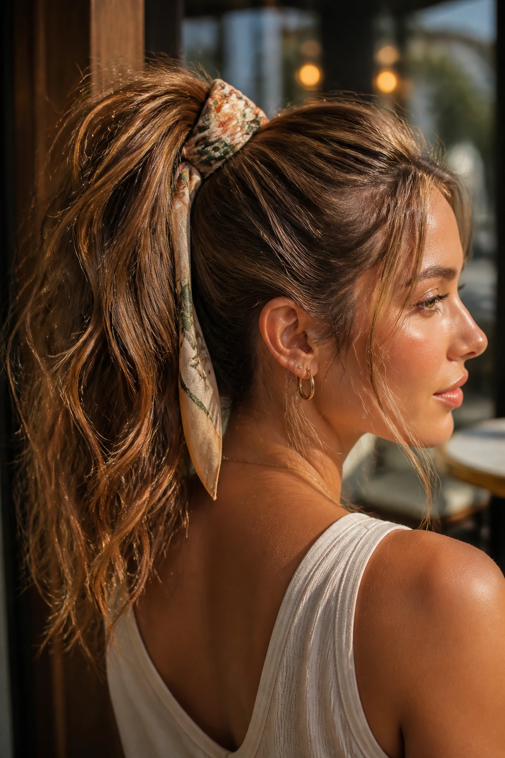 Close-up of a real woman with a glossy high summer ponytail and scarf in a sunlit outdoor setting
