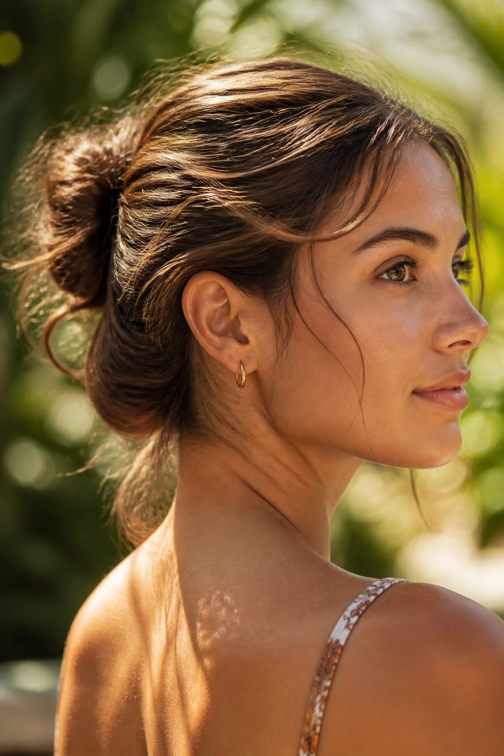 Close-up of a real woman with an off-nape updo in warm outdoor light.
