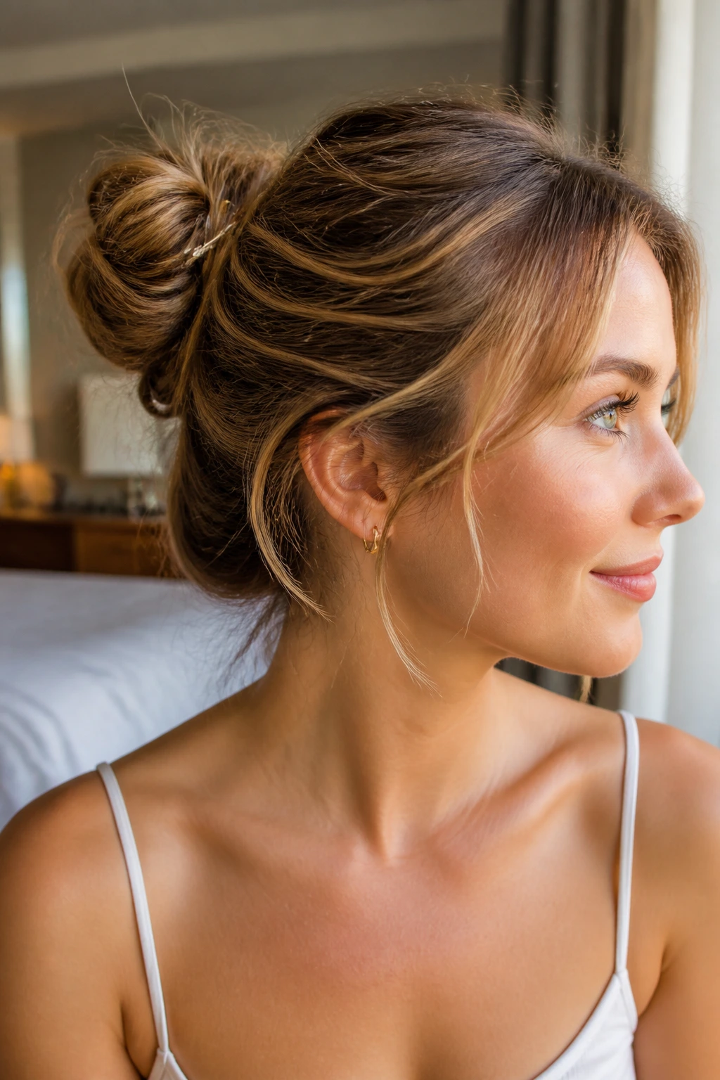 Close-up of a real woman with a secure, softly pinned summer updo in warm window light.