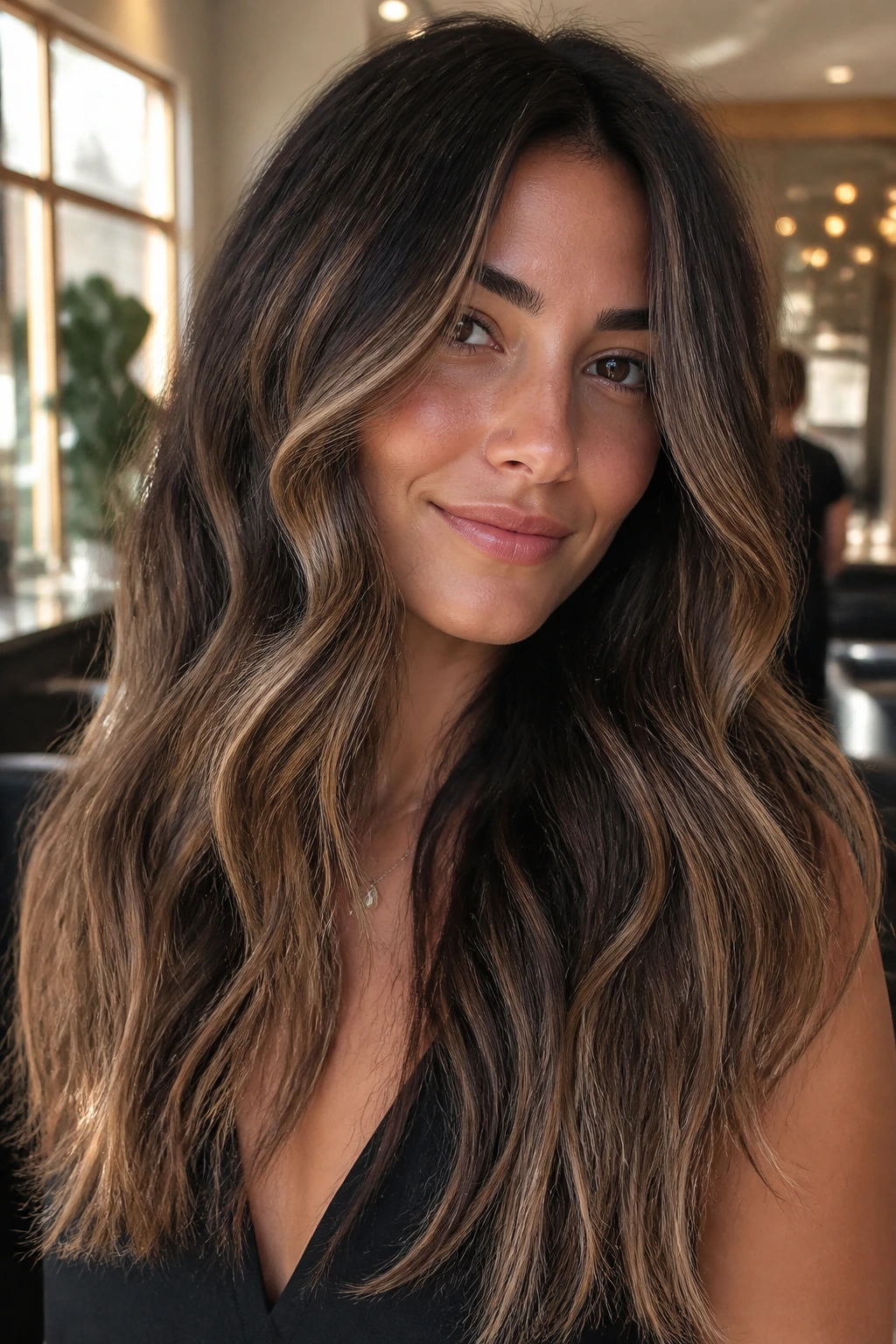 Close-up portrait of a woman with sun-faded balayage on dark brunette hair
