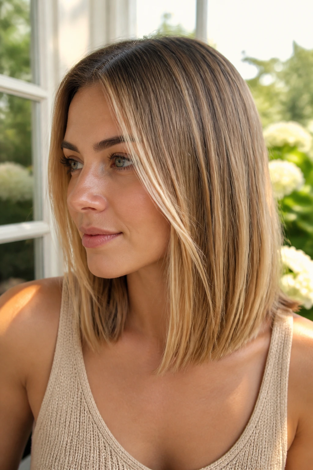 Close-up of a real person with sun-kissed babylights on straight medium-length hair.