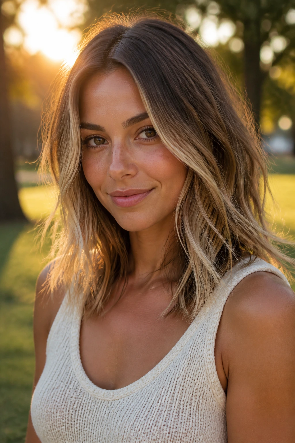 Mid-length hair with sun-kissed balayage in golden hour light