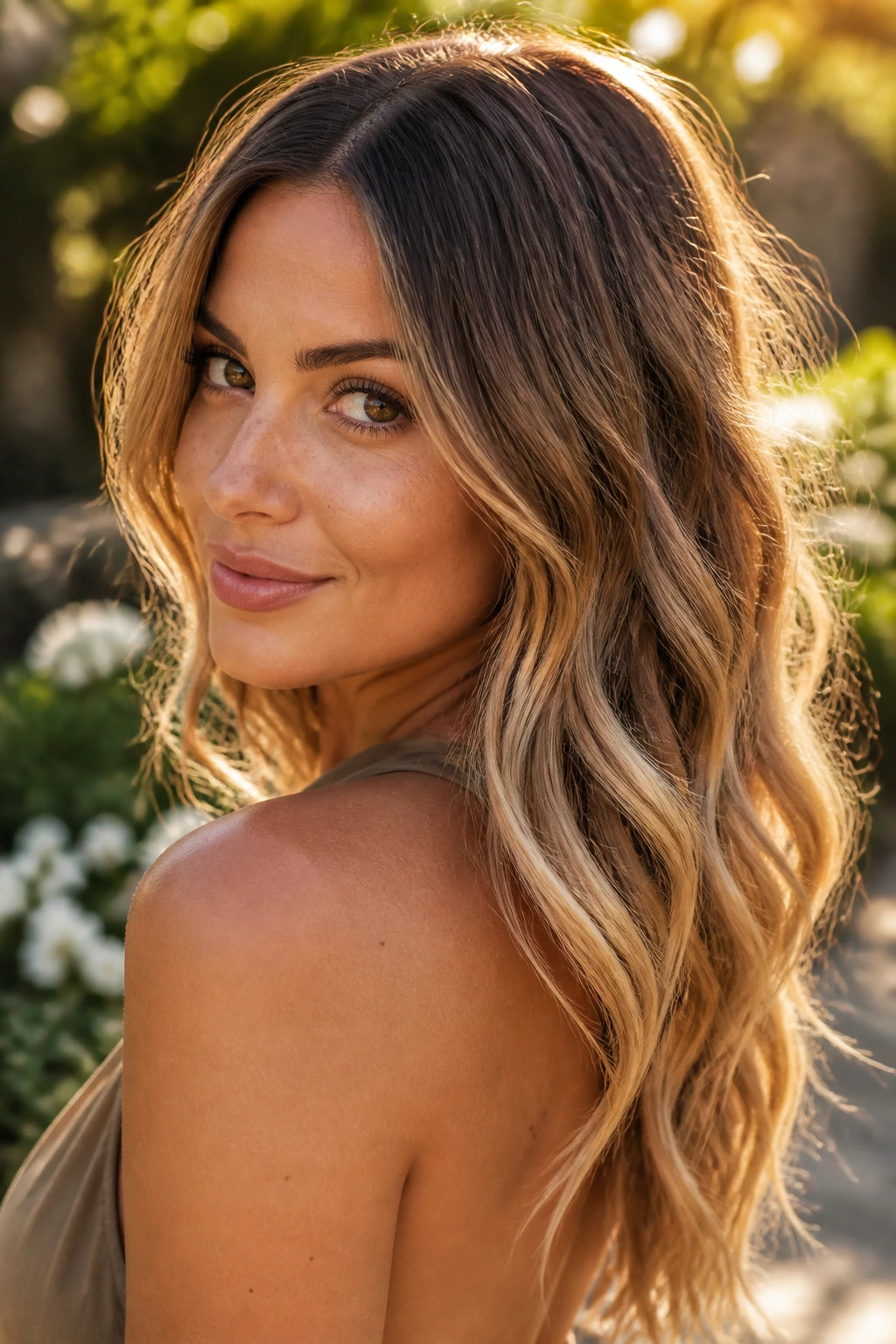Real woman with sun-kissed bronde hair and soft waves in golden hour light