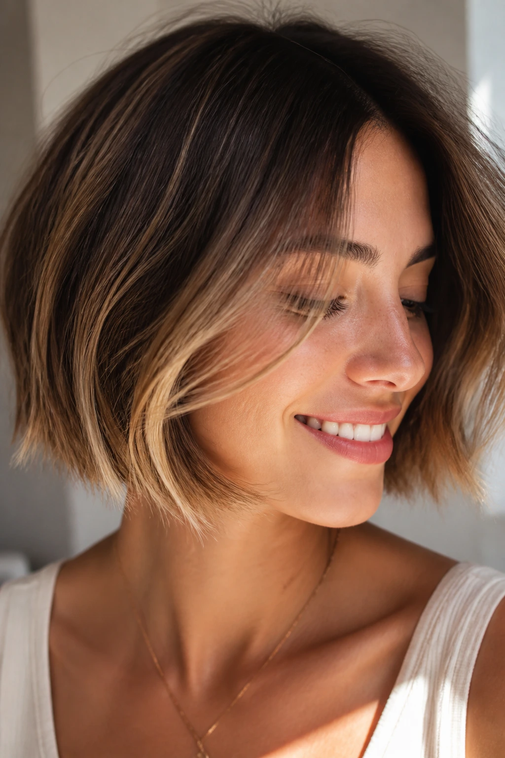 Close-up of a real woman with sun-kissed caramel on a chin-length bob in morning light