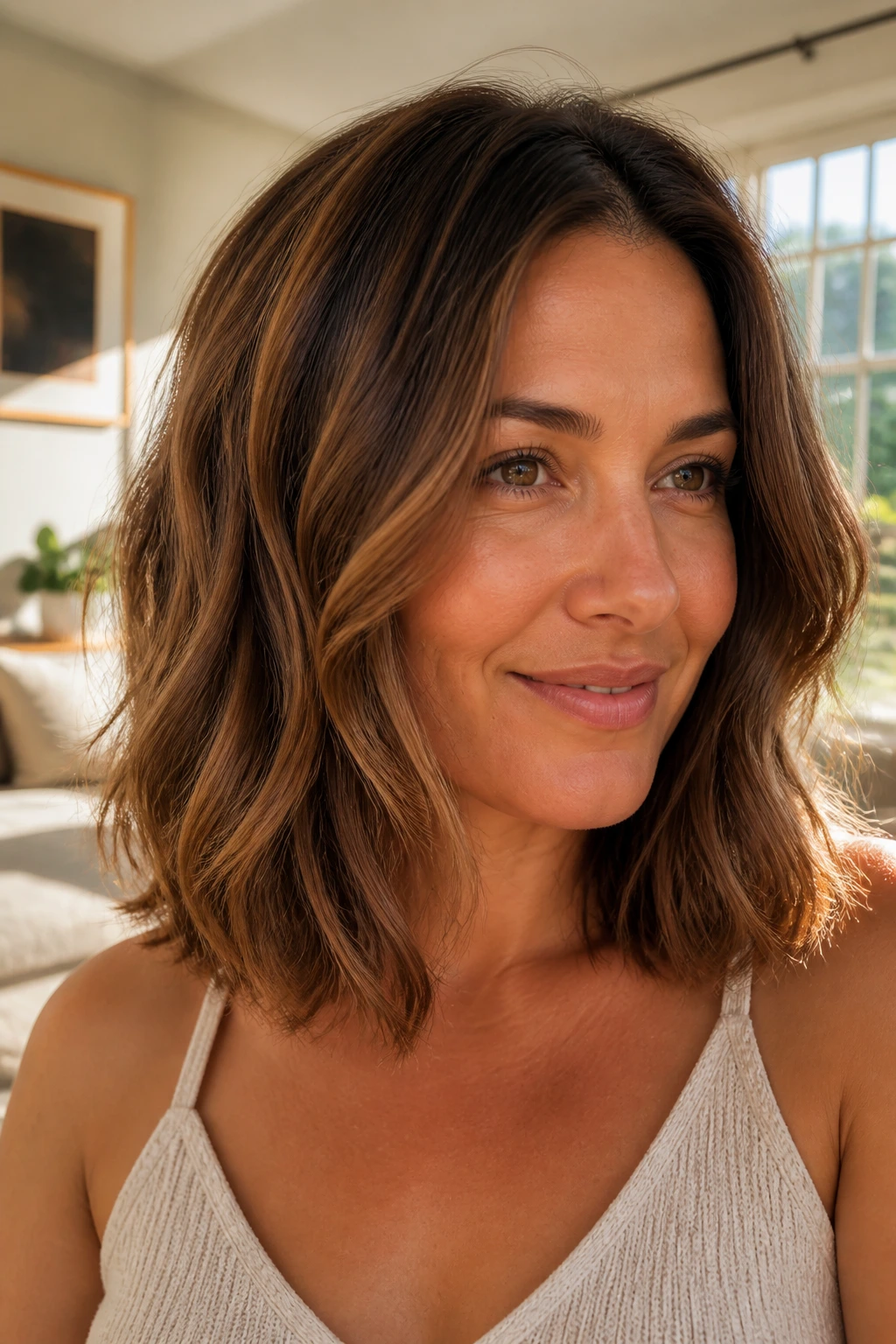 Close-up of a real woman with sun-kissed chestnut balayage on shoulder-length hair