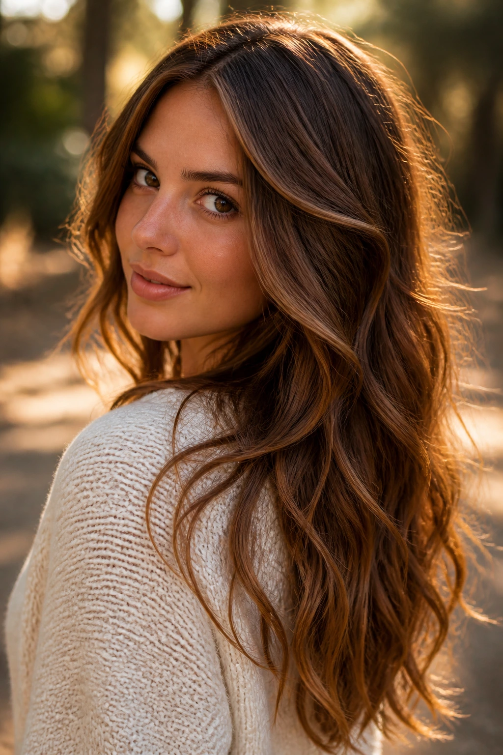 Close-up of long sun-kissed chestnut hair in outdoor light