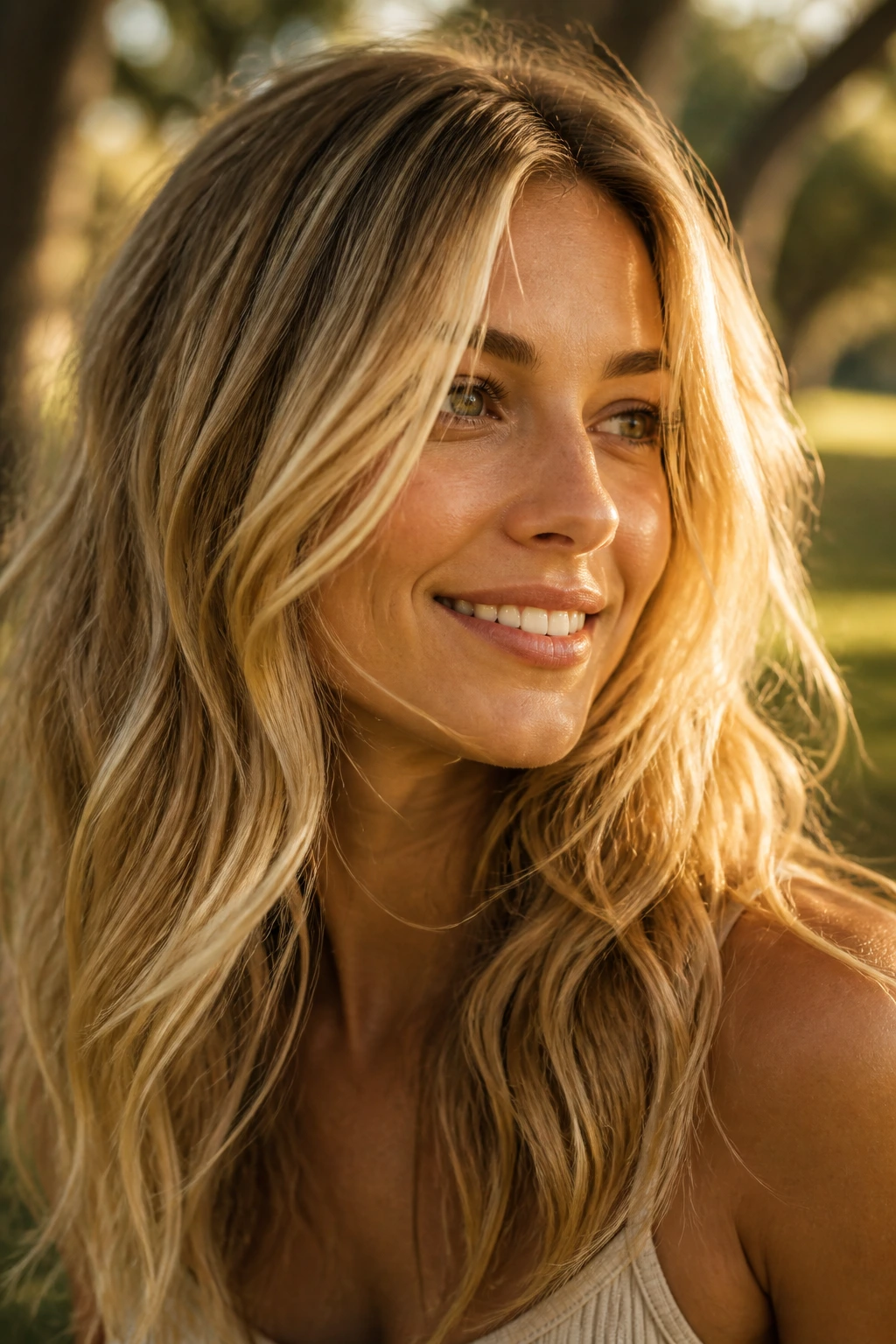 Close-up portrait of a real woman with sun-kissed gold blonde hair in golden hour light