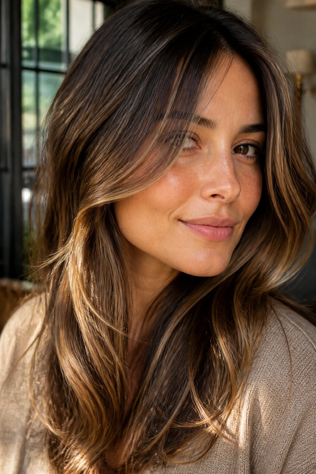 Close-up portrait of a woman with brown hair and sun-kissed highlights framing the face under warm window light
