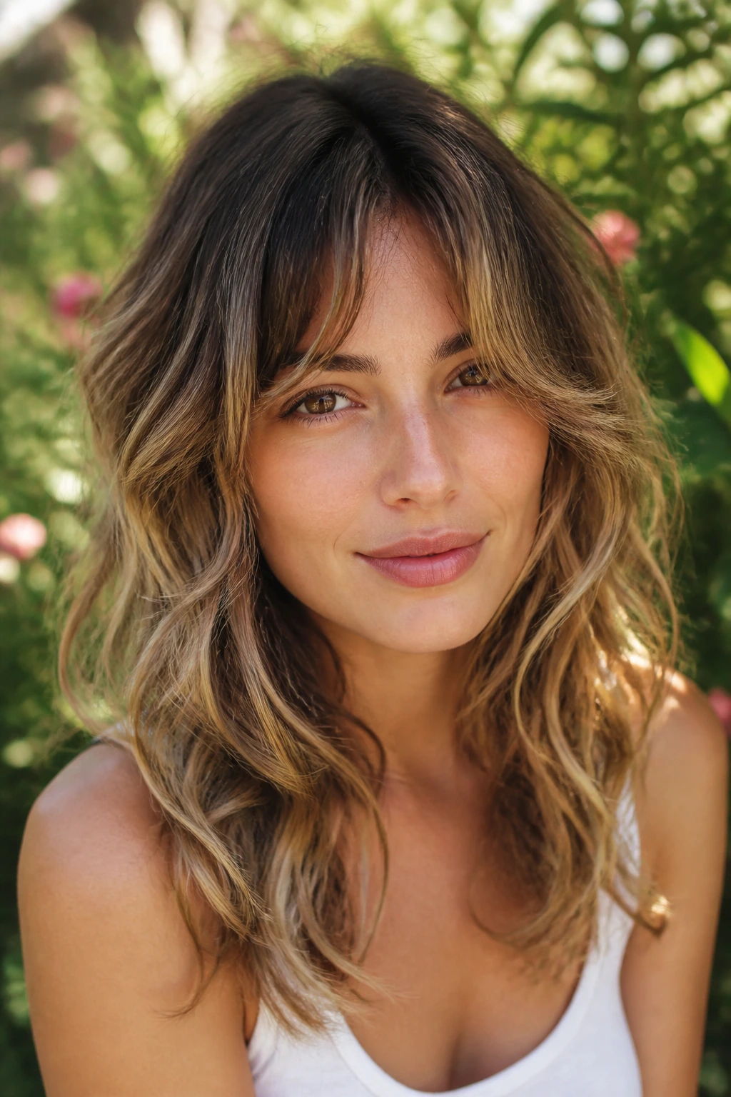 Real woman with Sun-Kissed Layer Shag showing sun-kissed ends and layered movement.