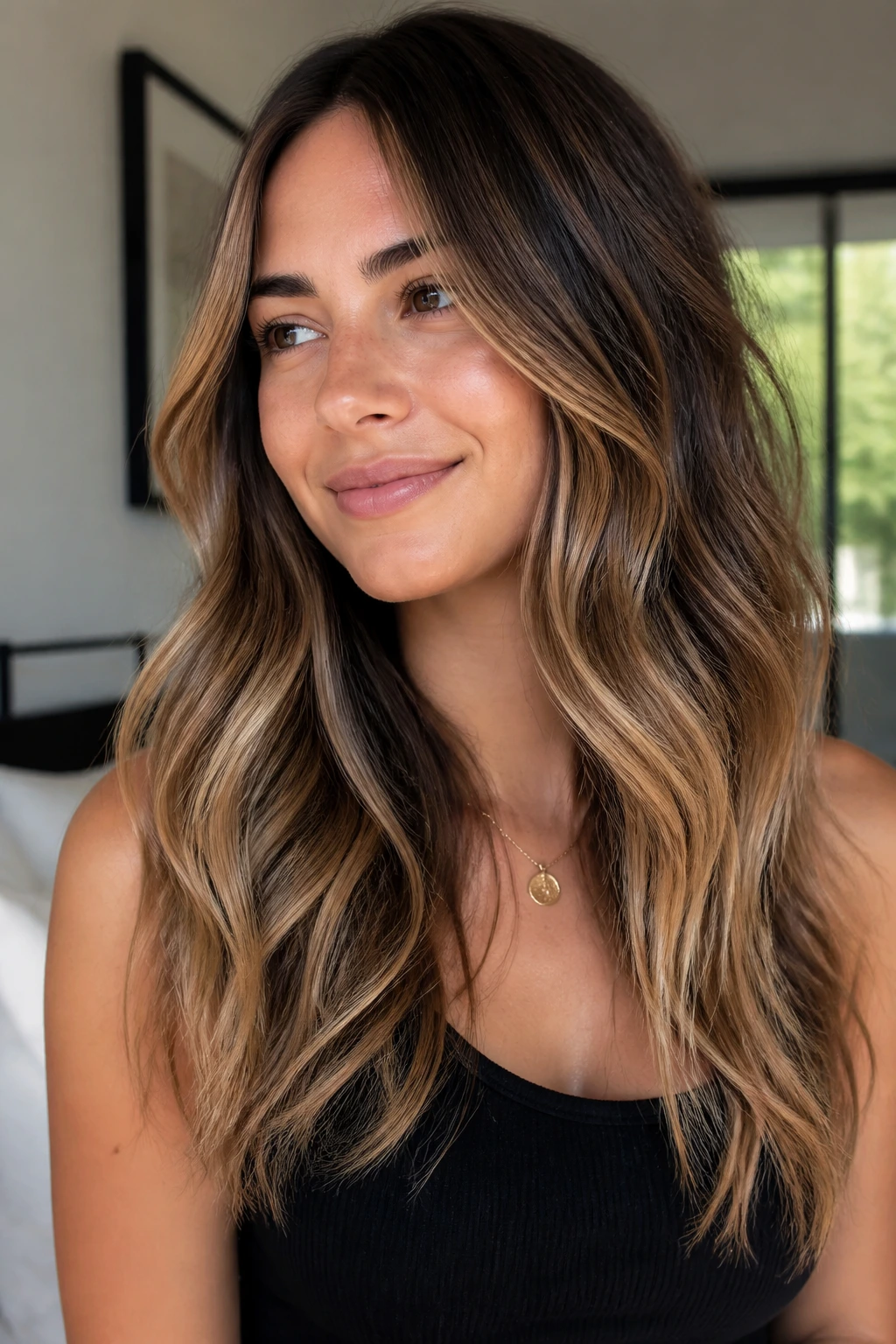 Brunette with full-head sun-kissed melt and seamless color transition under natural light.