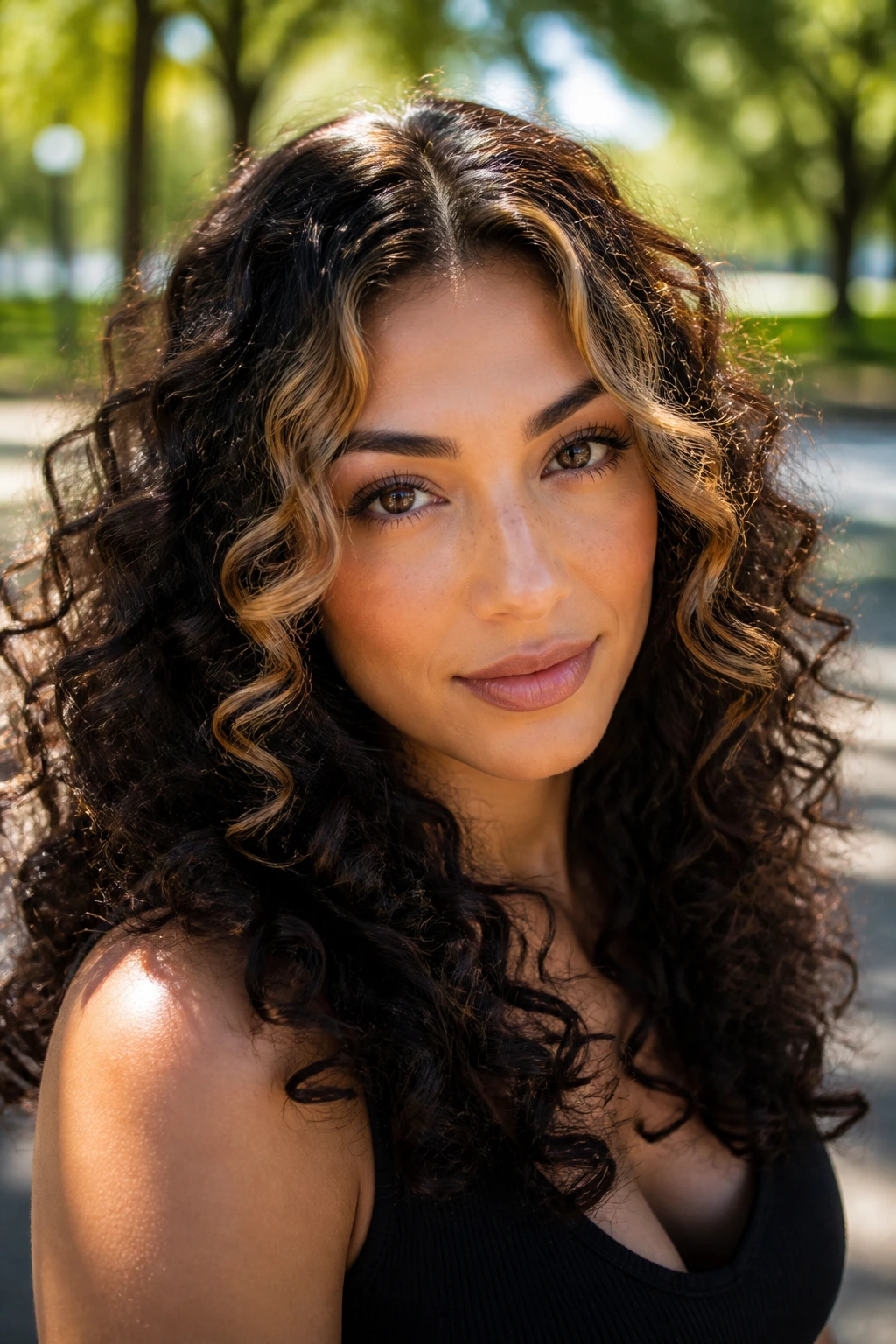 Close-up of a real person with sun-kissed money piece on deep brunette curls