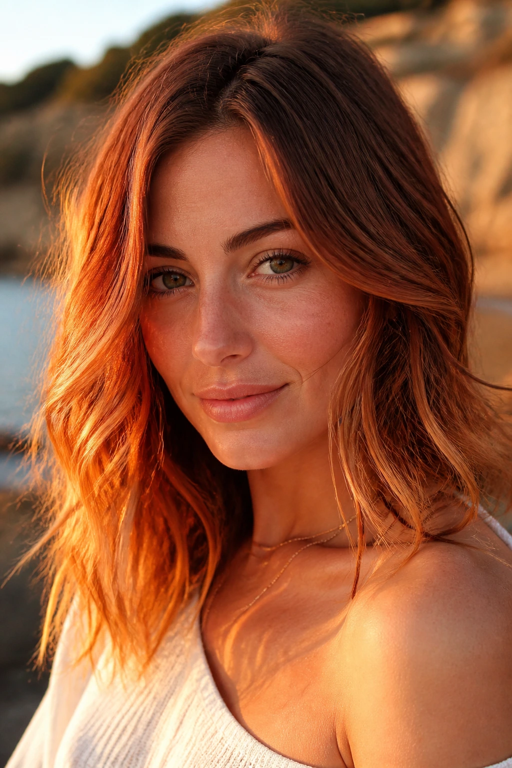 Real woman with sun-kissed red balayage and lighter ends.
