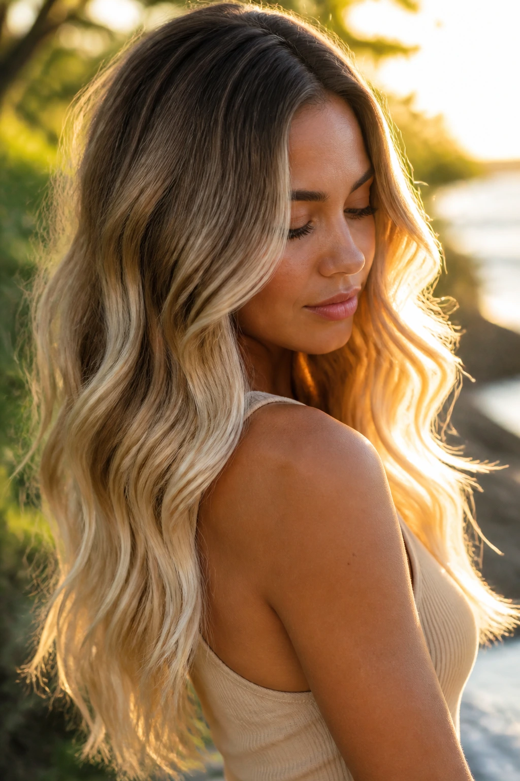 Close-up of real woman with sun-soaked ombre hair on long waves