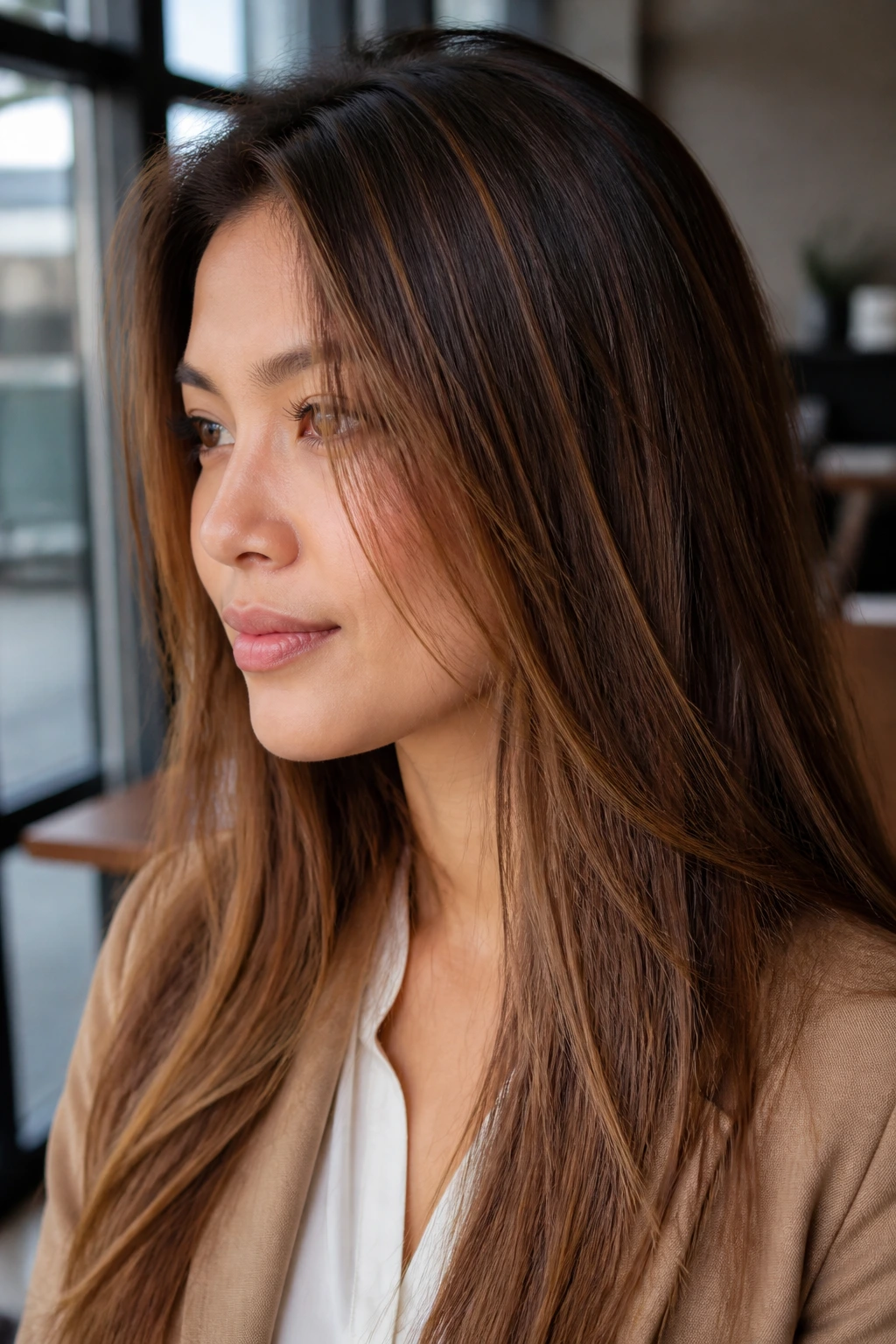 Close-up of a real woman with sun-tea brown balayage on straight hair in natural light