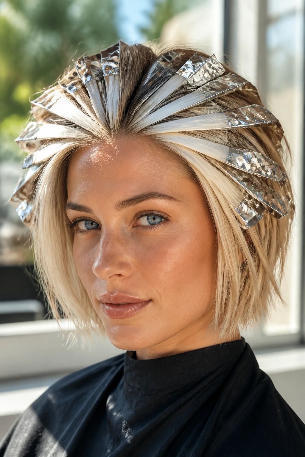 Close-up of a real woman with a short blonde bob with radiating sunburst foils around the hairline at the temples