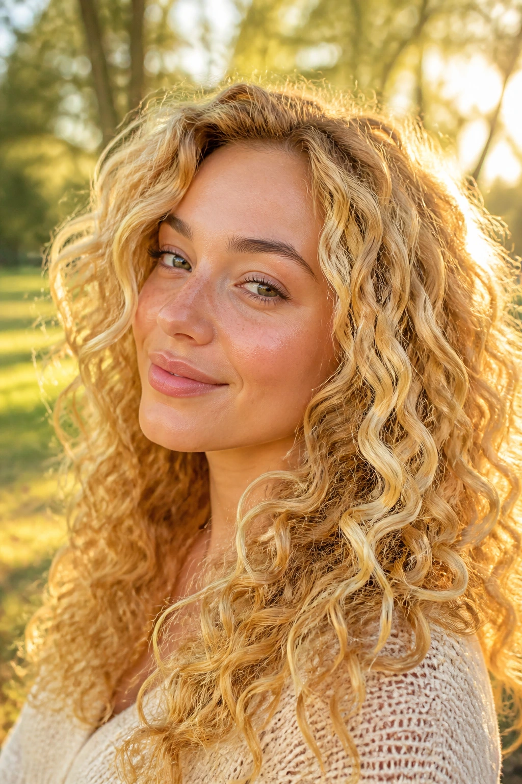 Close-up of sunflower blonde curls on a real person with warm highlights