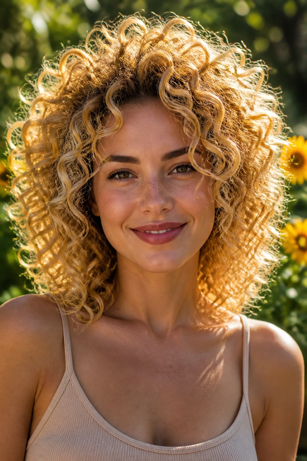 Portrait of a real woman with sunflower blonde halo around crown in a sunny garden