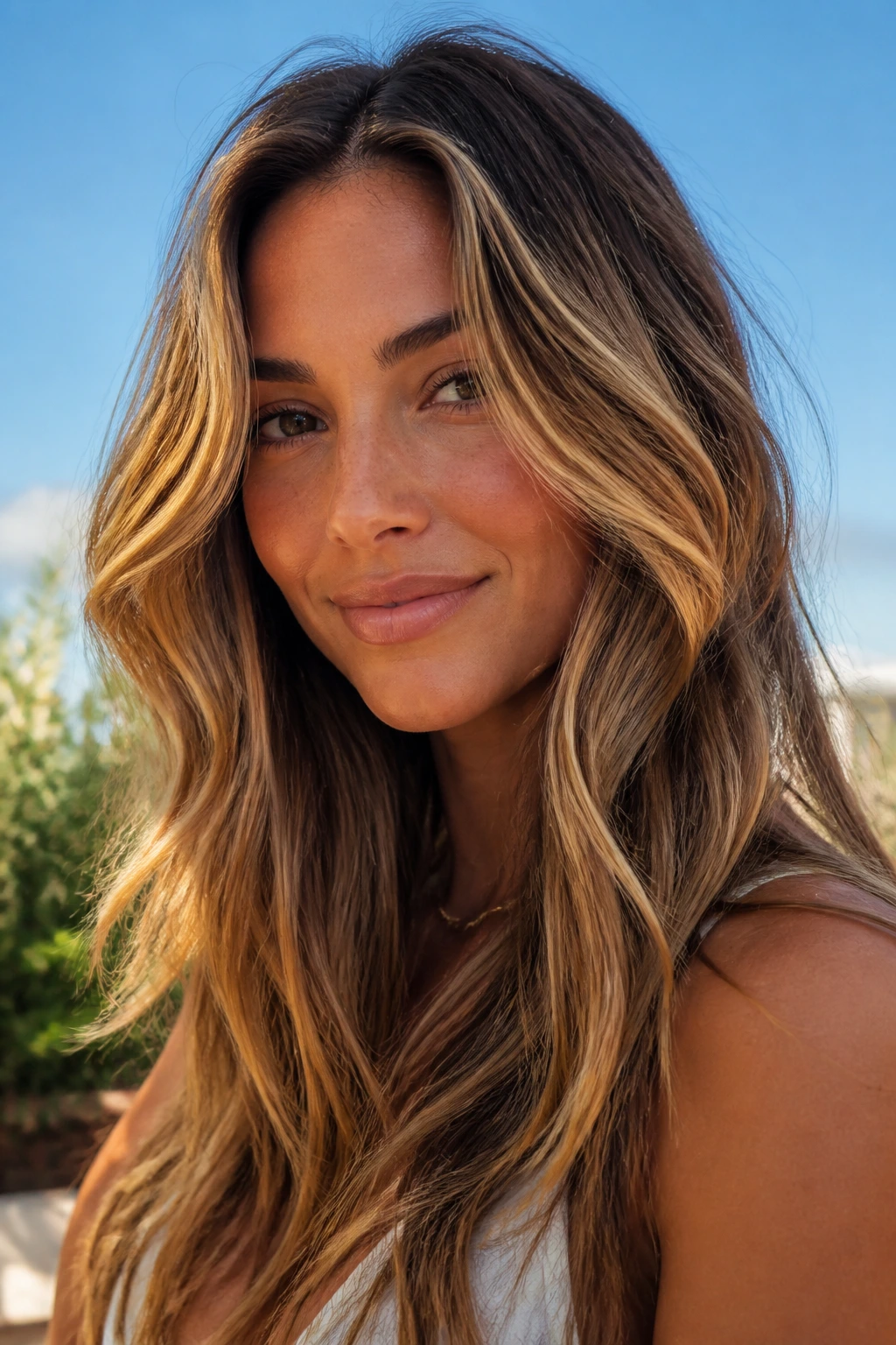 Real woman with sunflower blonde highlights on warm brunette hair in sunlit outdoor setting