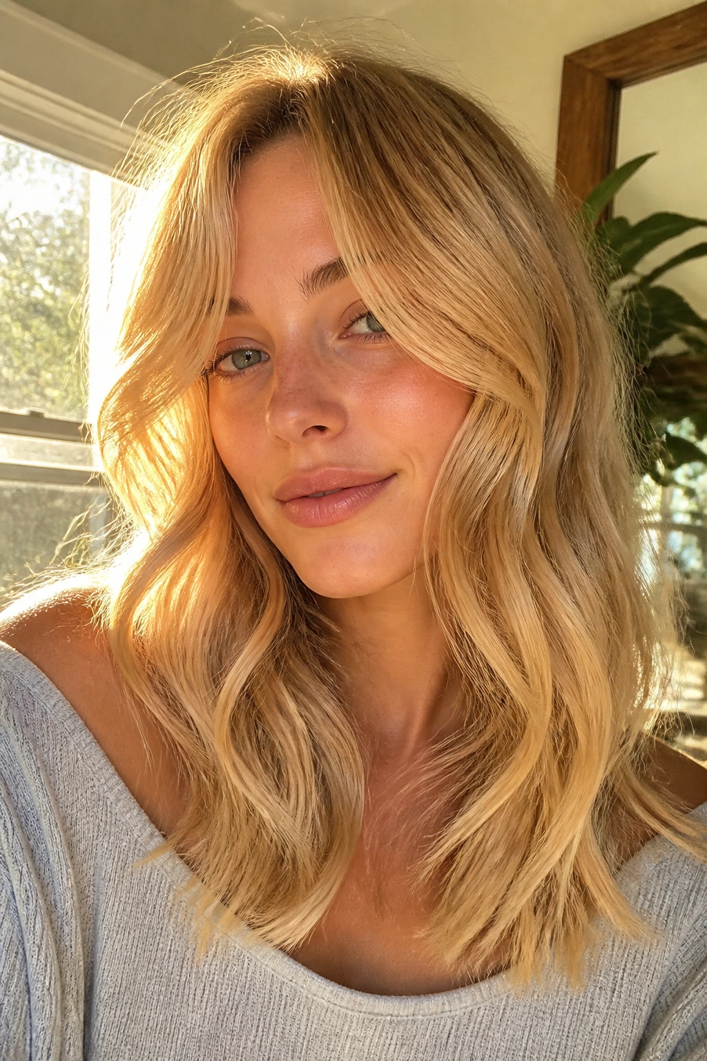 Close-up portrait of sunflower blonde hair with wispy ends on waves, warm window light.