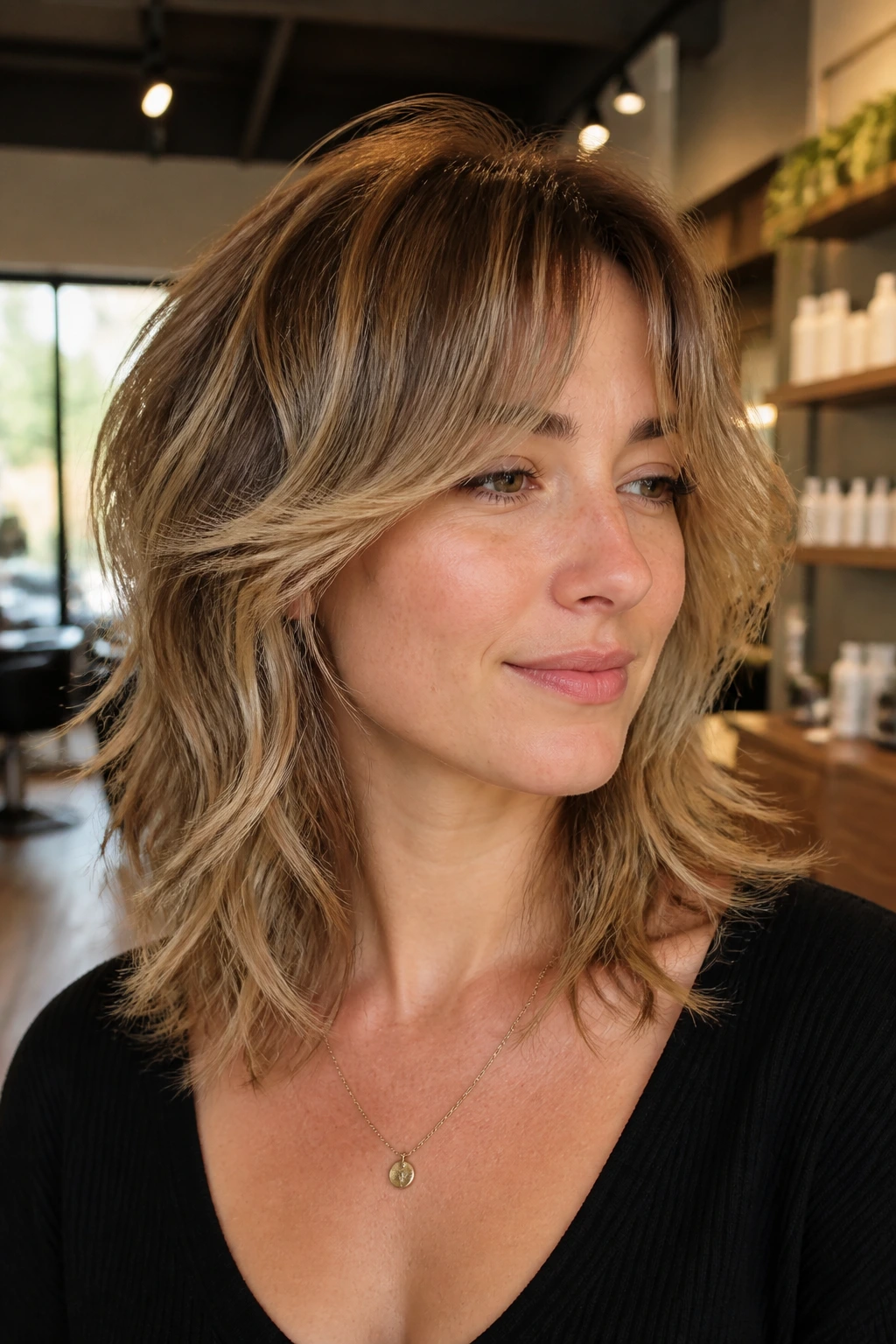 Portrait of a real person with sunkissed balayage on a layered shag.