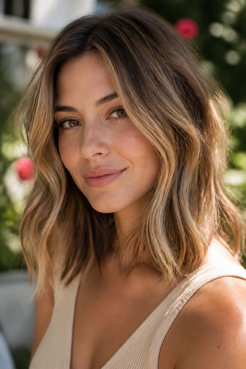 Close-up portrait of a real woman with sunkissed bronde hair and sunlit highlights.