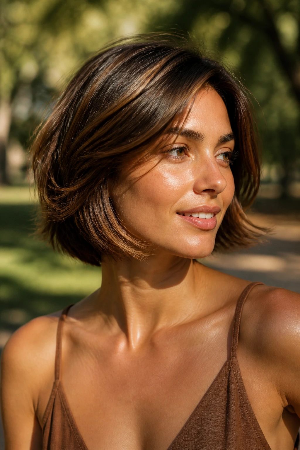 Close-up portrait of brunette bob with soft layers and sun-kissed ribbons in golden hour light