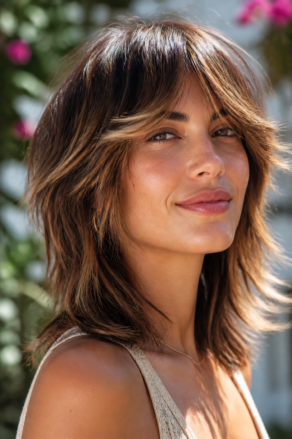 Close-up of a real woman with sunkissed brunette shag haircut