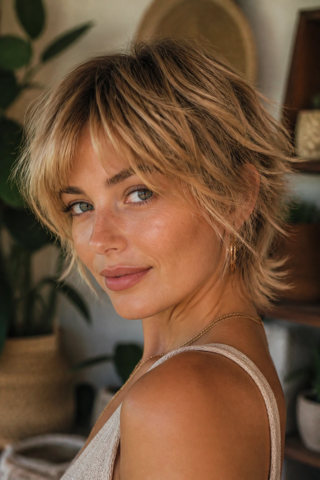 Close-up of a woman with a sunkissed shag and diffused balayage