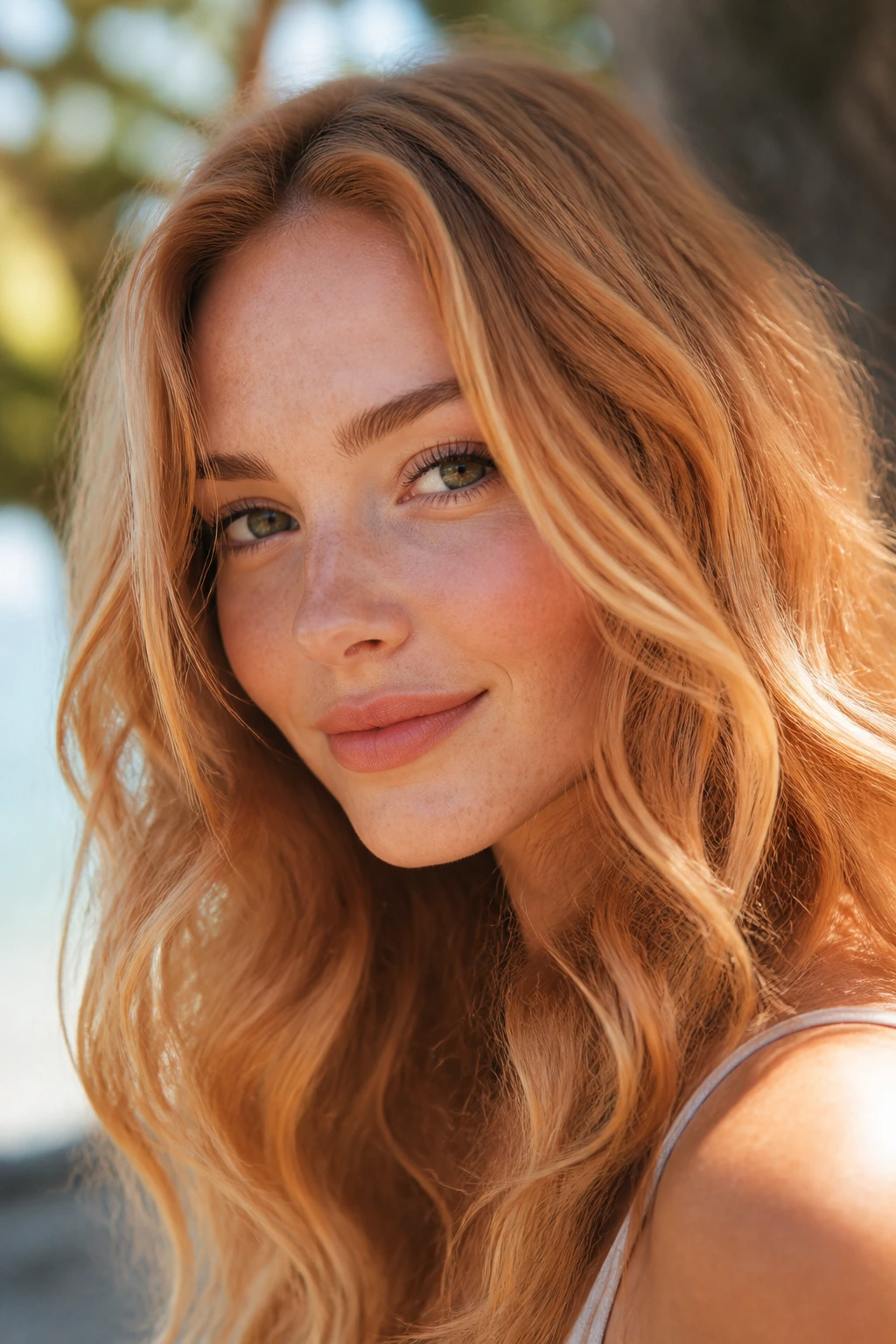 Close-up portrait of a woman with sunkissed strawberry blonde waves