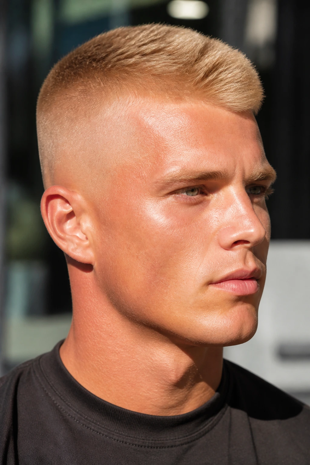 Close-up of a man with a blonde high and tight under sunlit light