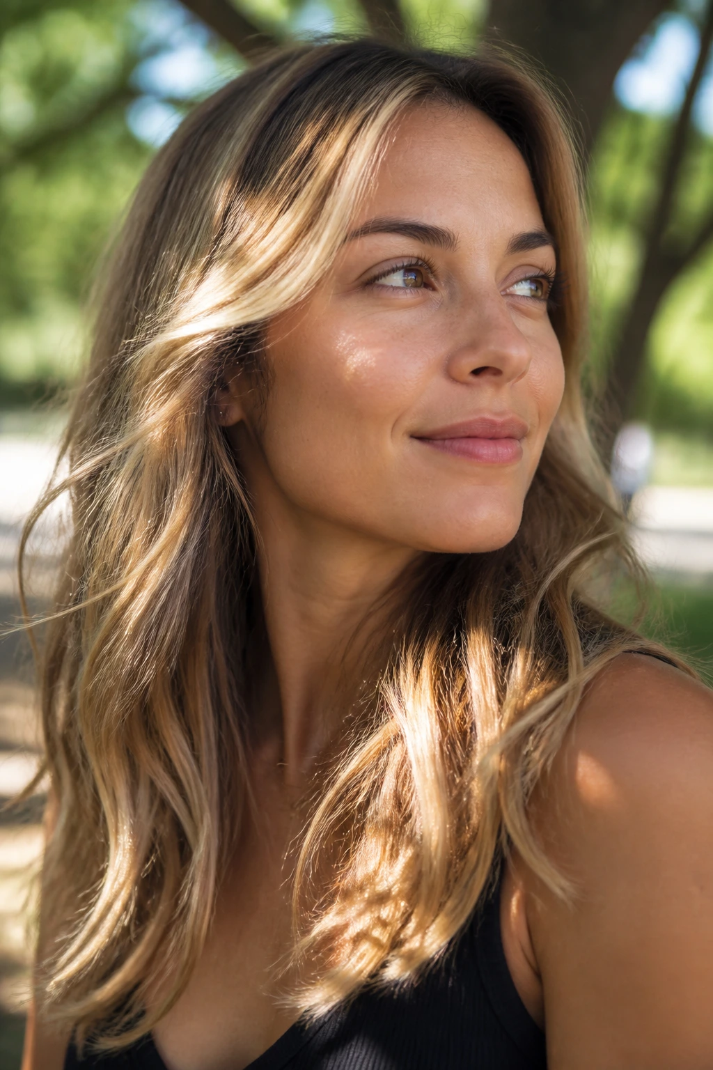 Close-up of a real person with Sunlit Almond Blonde hair in a park