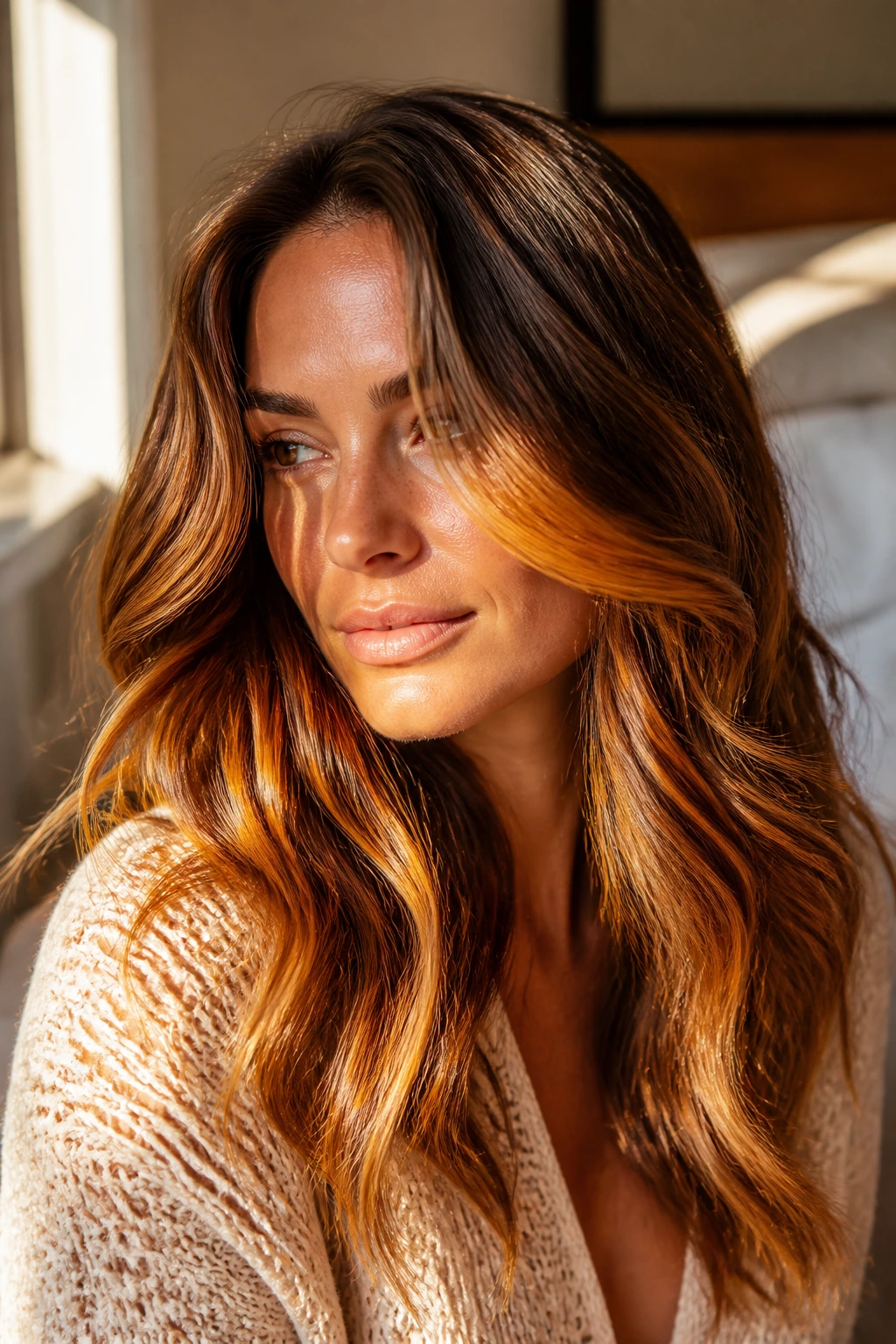 Close-up portrait of a real woman with sunlit amber waves filling the frame