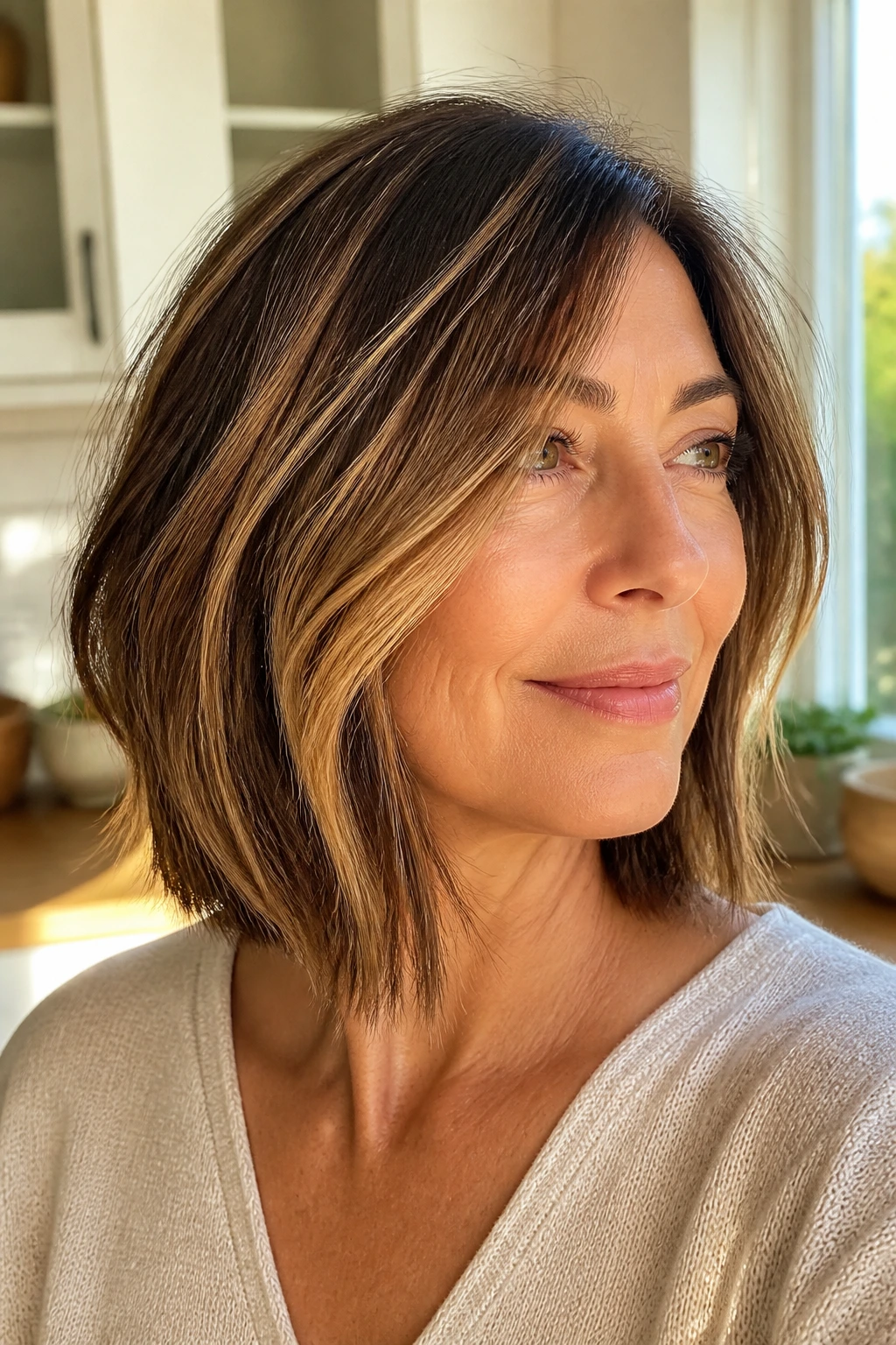 Close-up of a real woman with sunlit balayage on a brunette lob in a sunlit kitchen