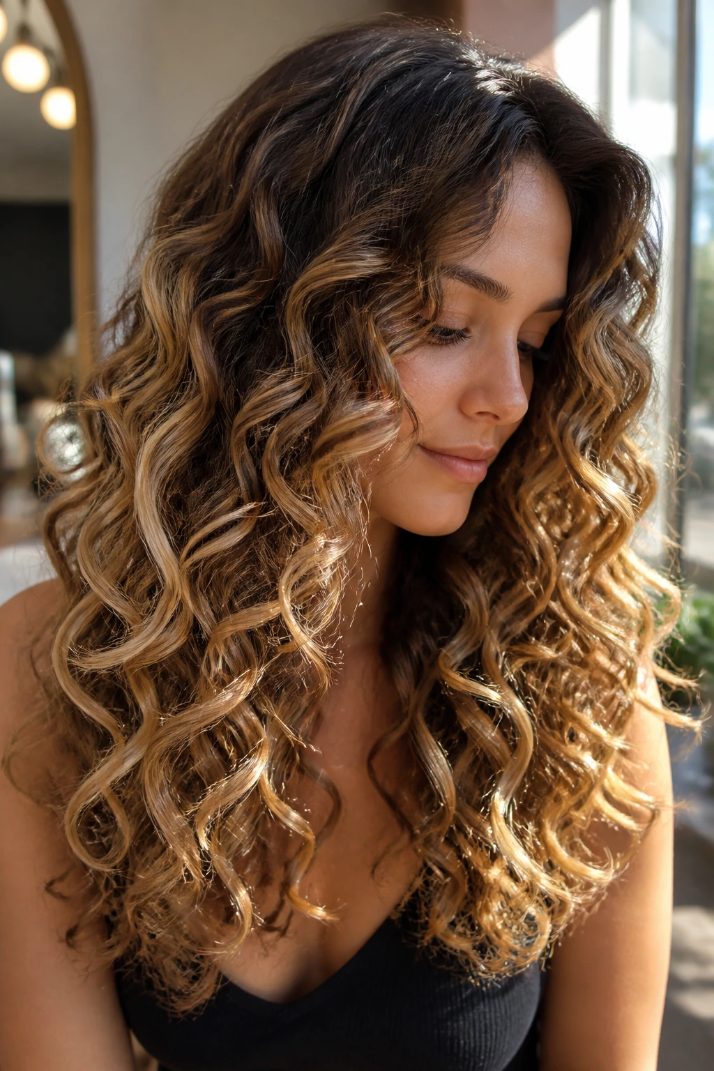 Close-up of a real person with loose ringlets and sunlit honey balayage