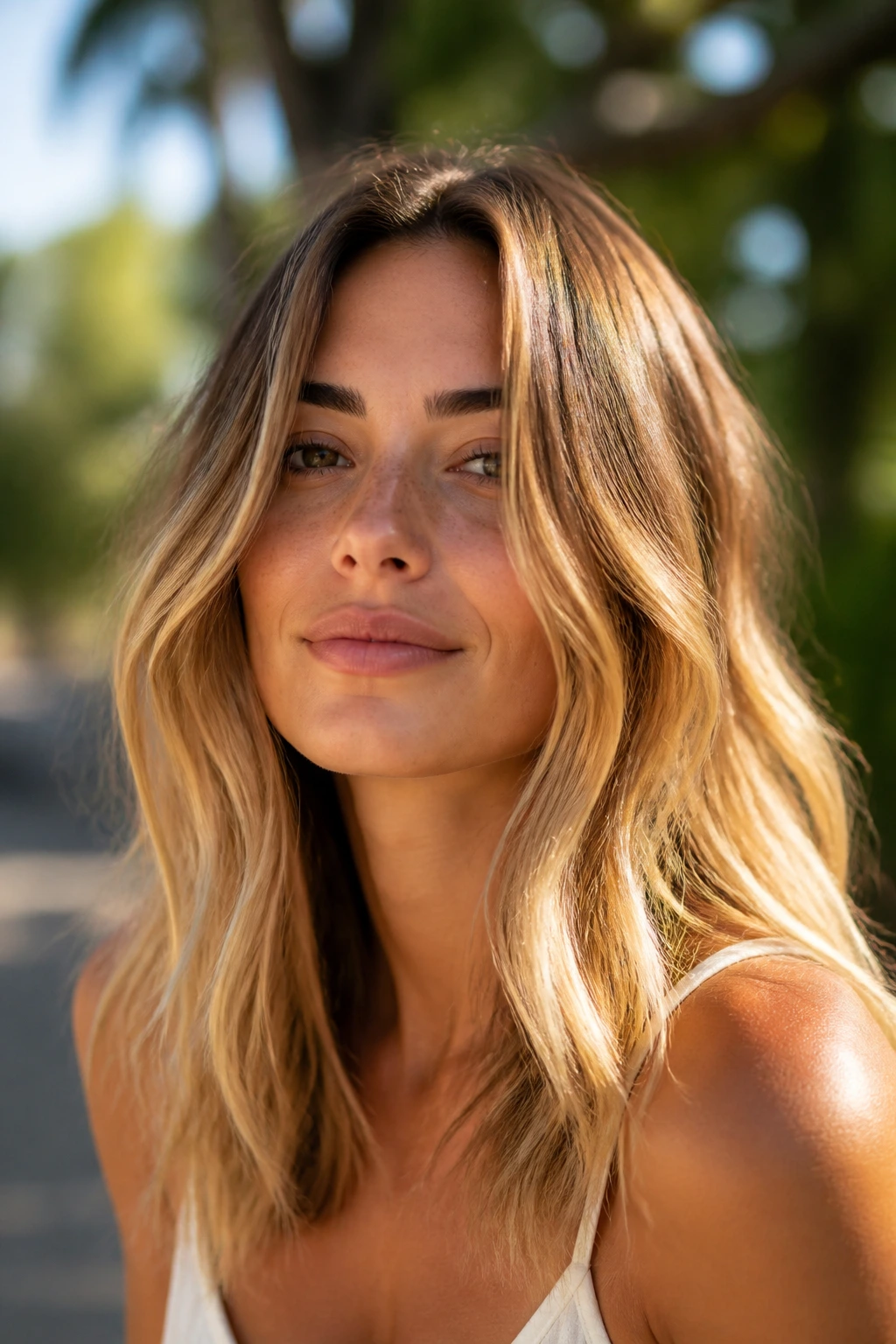 Close-up of a woman with sunlit honey blonde balayage in natural outdoor light