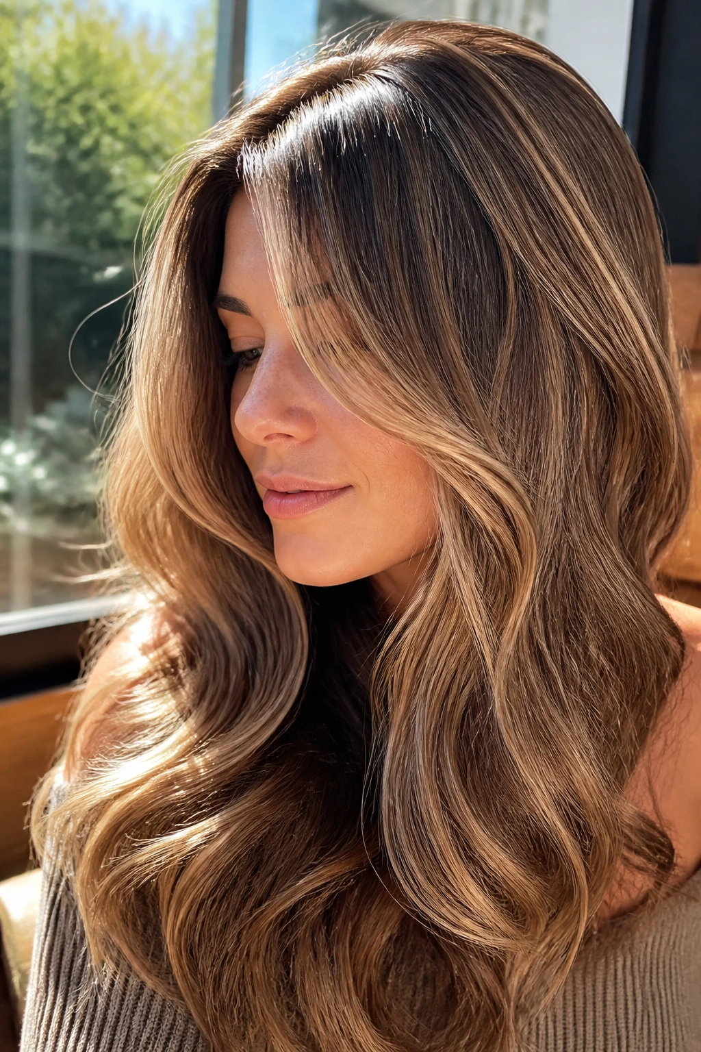 Close-up of hair with sunlit beige ribbons in top layers