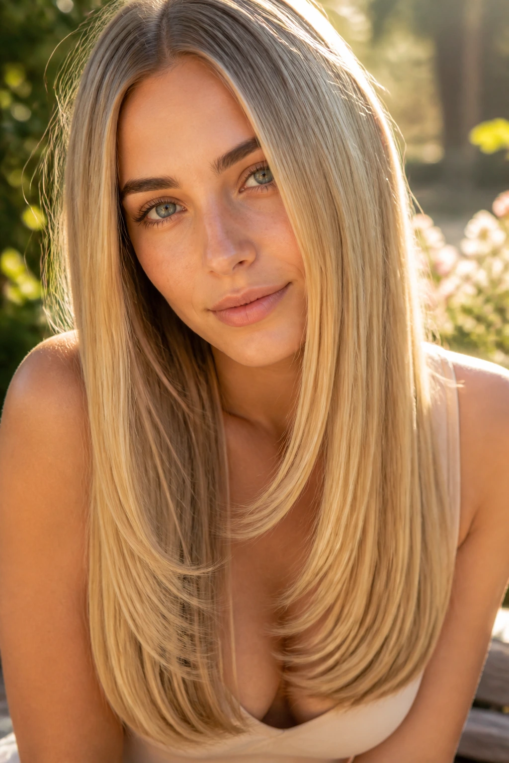 Close-up of a woman with sunlit blonde hair and U-shaped ends