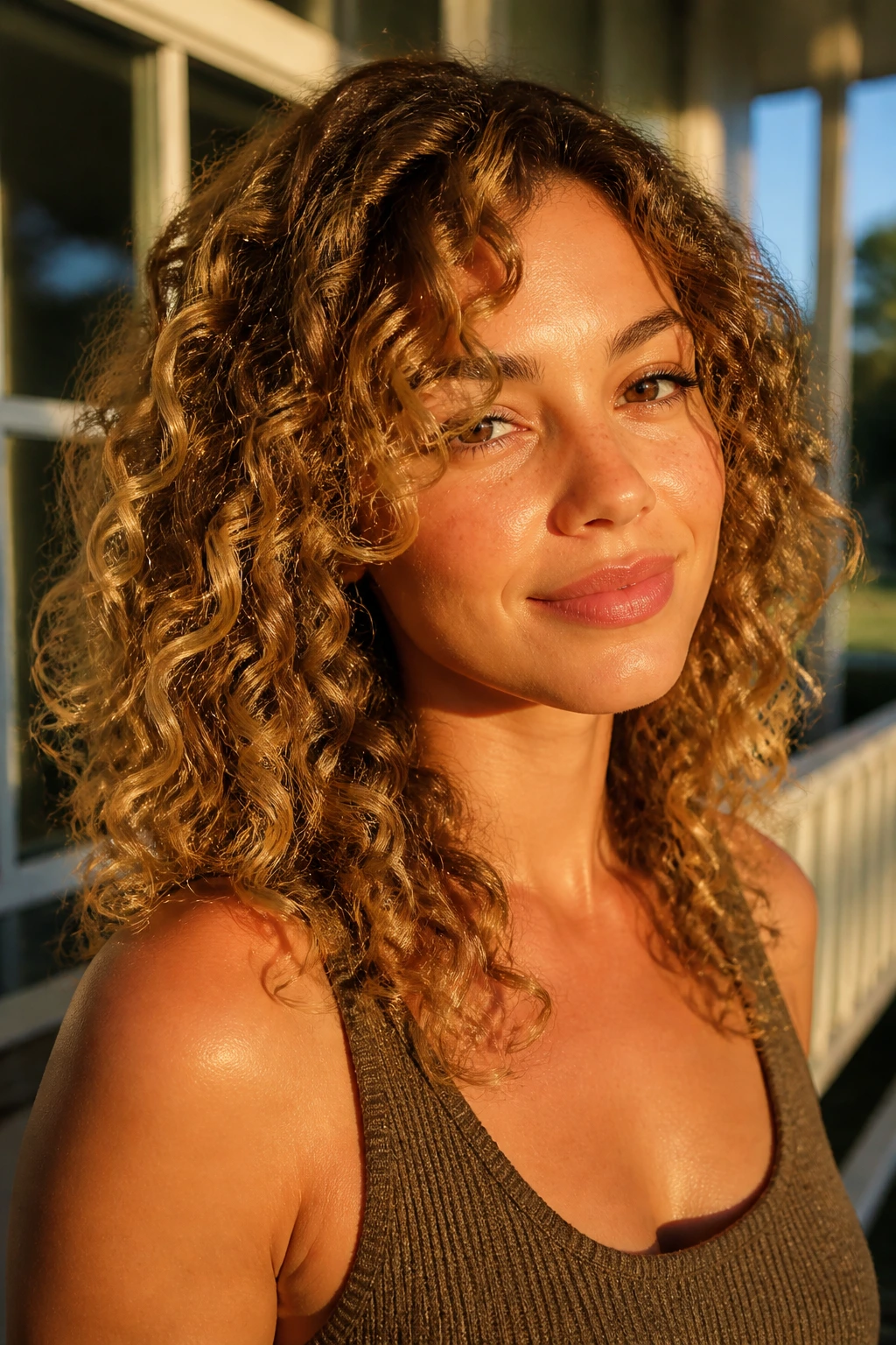 Real woman with sunlit bronde curls on outdoor porch at golden hour