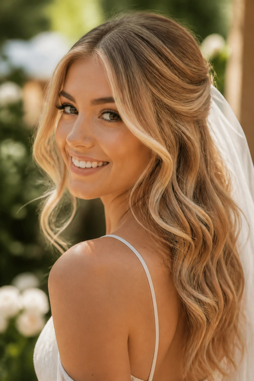 Bride with sunlit caramel blonde in warm natural light