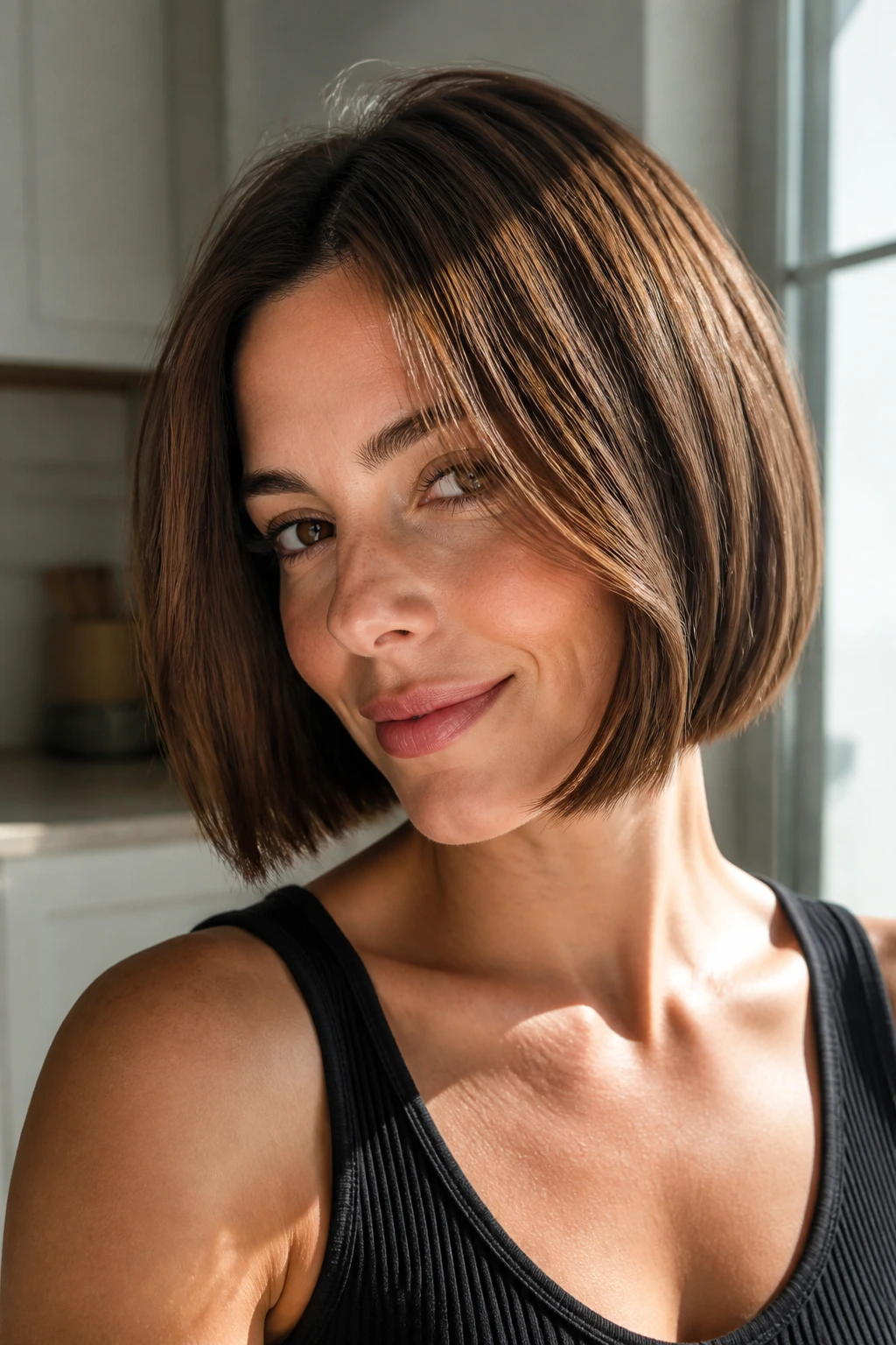 Close-up of real woman with sunlit chestnut bob hair with fine highlights.