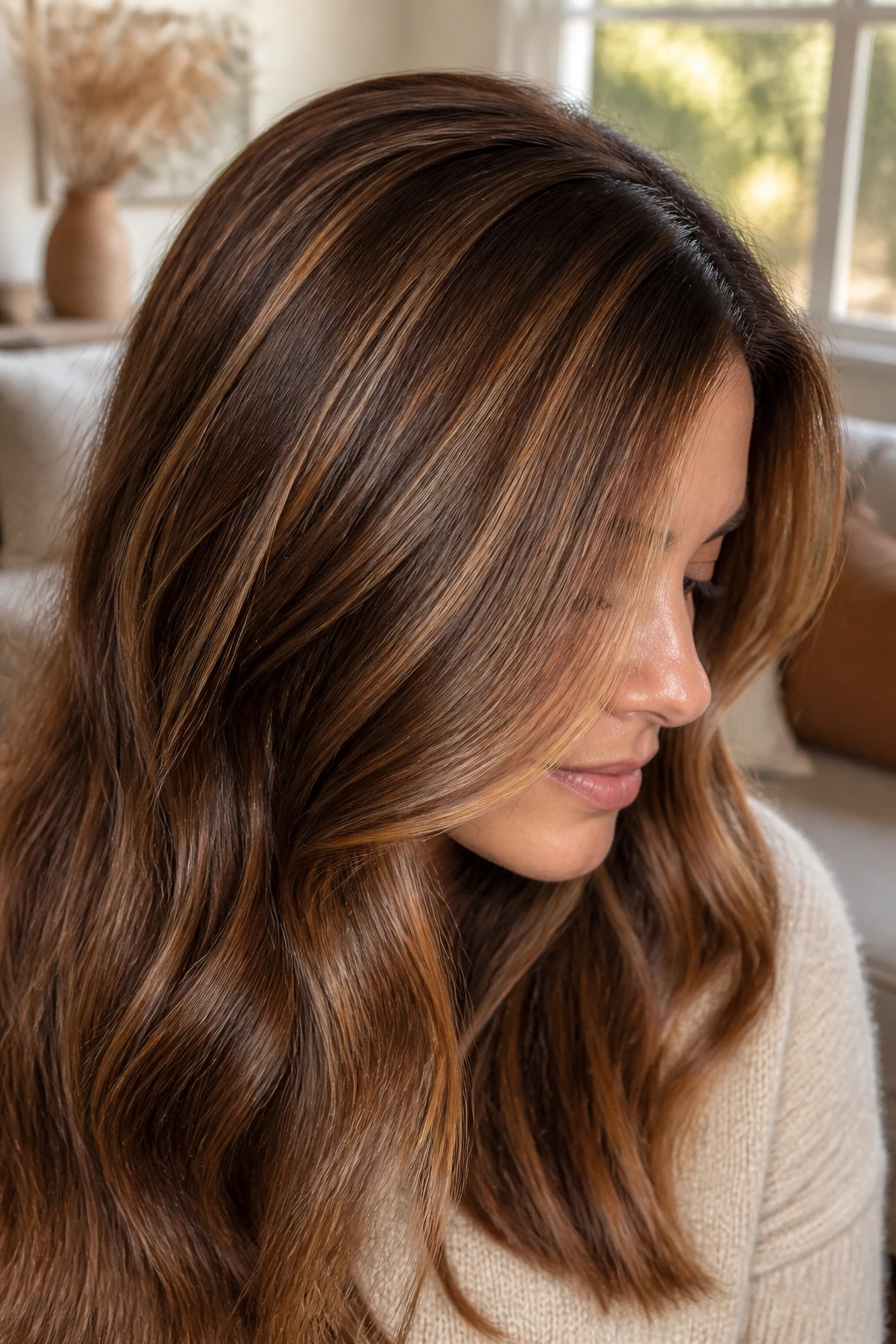 Close-up of real woman's hair with sunlit chestnut highlights woven through chestnut base