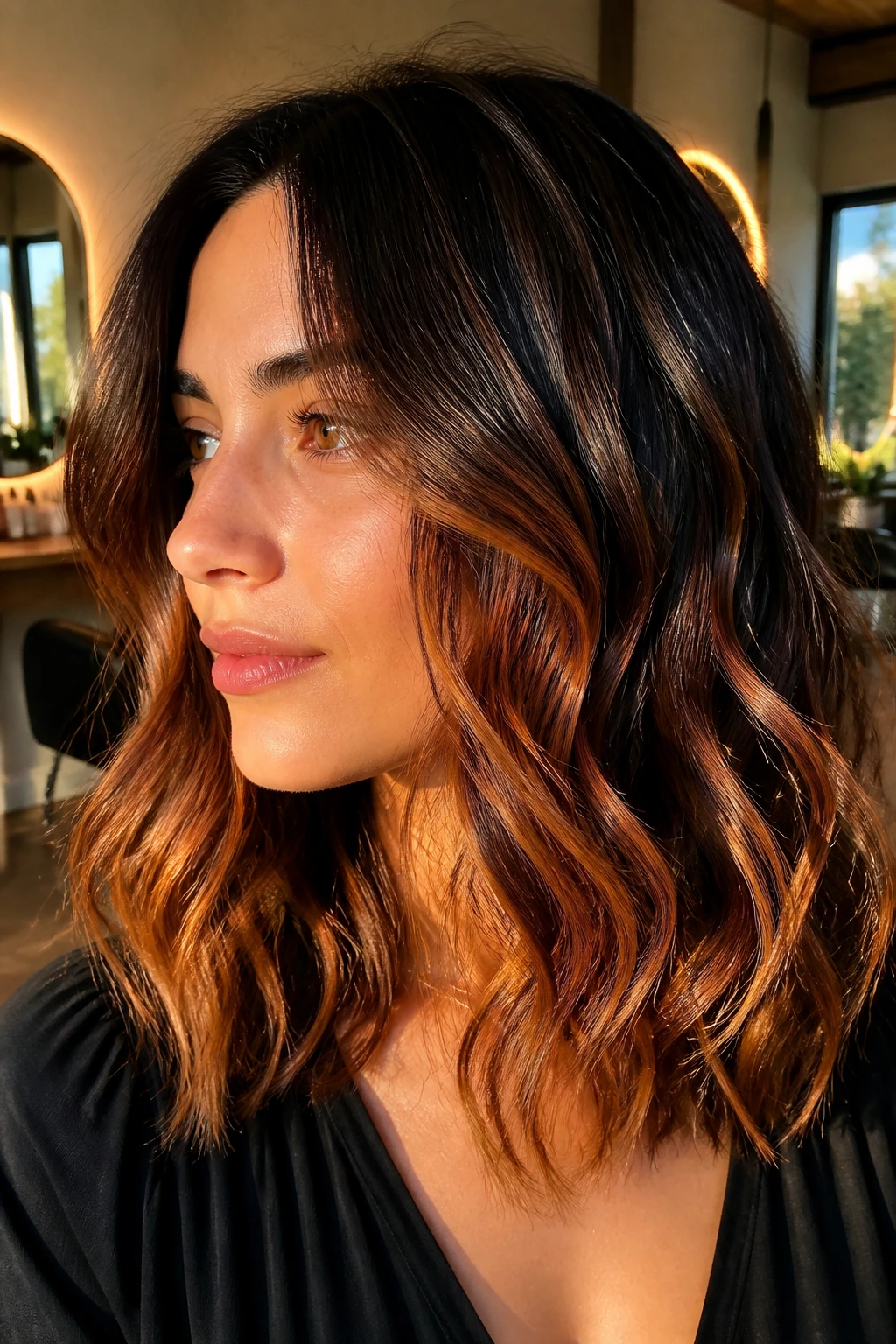 Brunette with sunlit copper balayage in mid-lengths and ends in soft waves under golden hour light