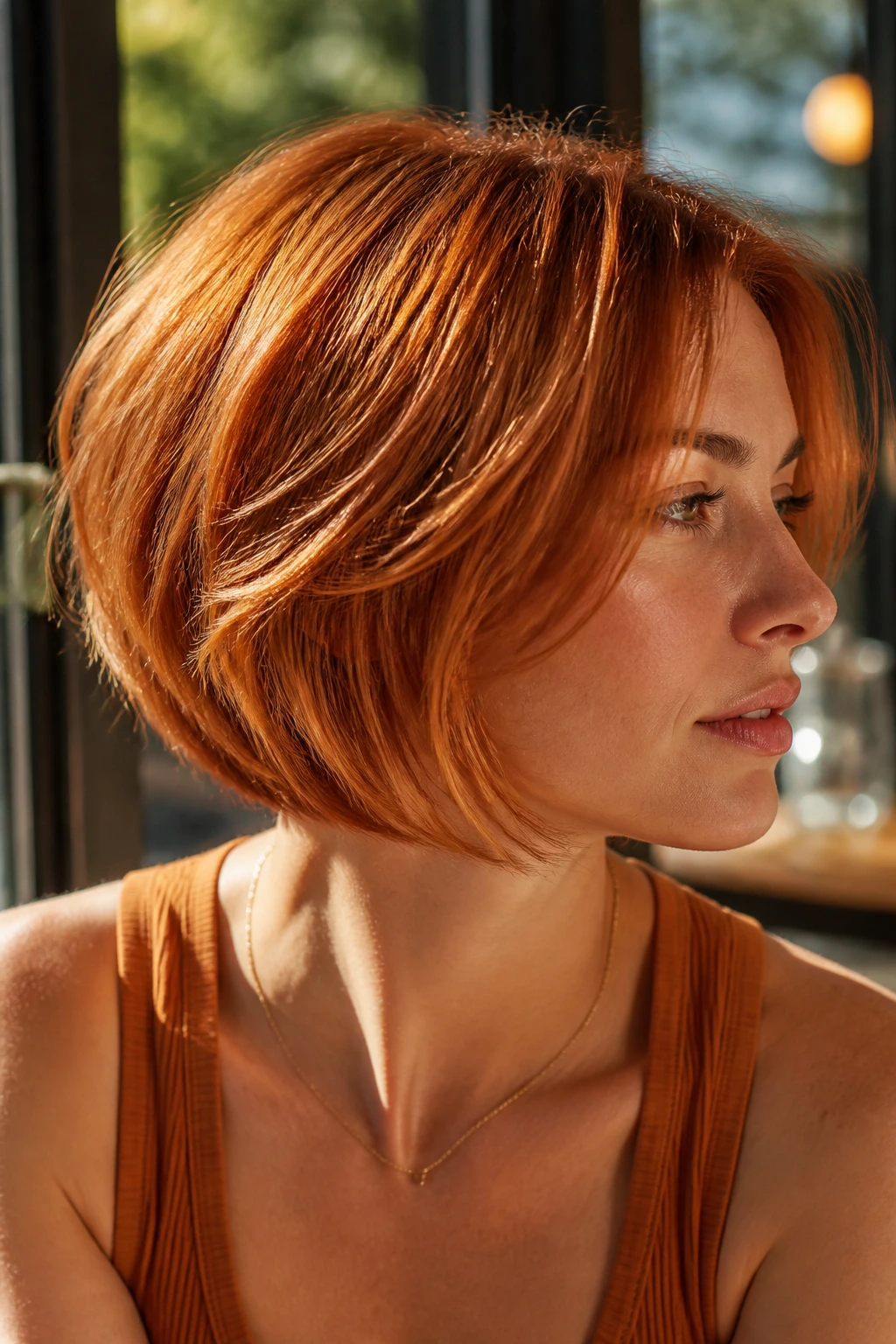Portrait of a woman with a sunlit copper layered bob showing bright top layers and movement