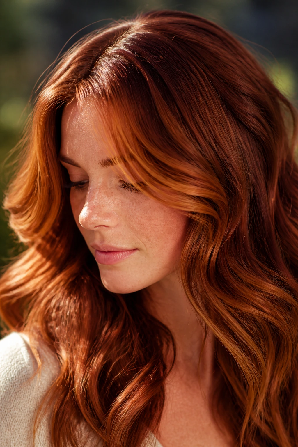 Close-up of red hair with sunlit copper highlights