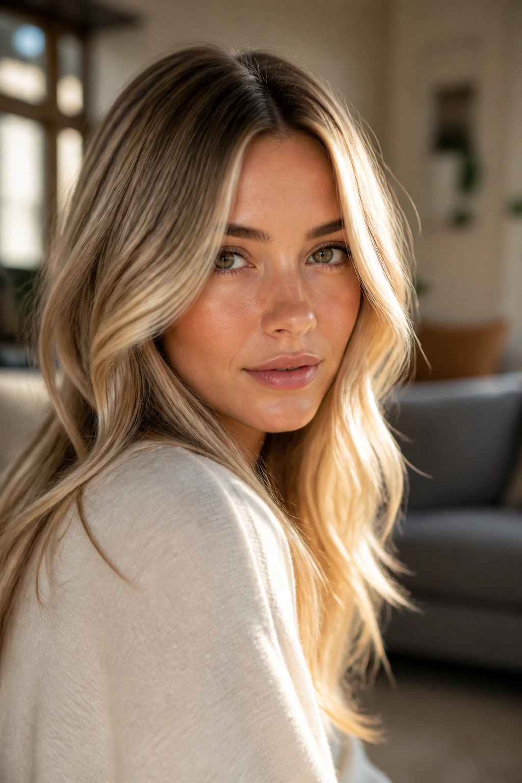 Close-up portrait of a real woman with sunlit cream balayage hair in warm window light
