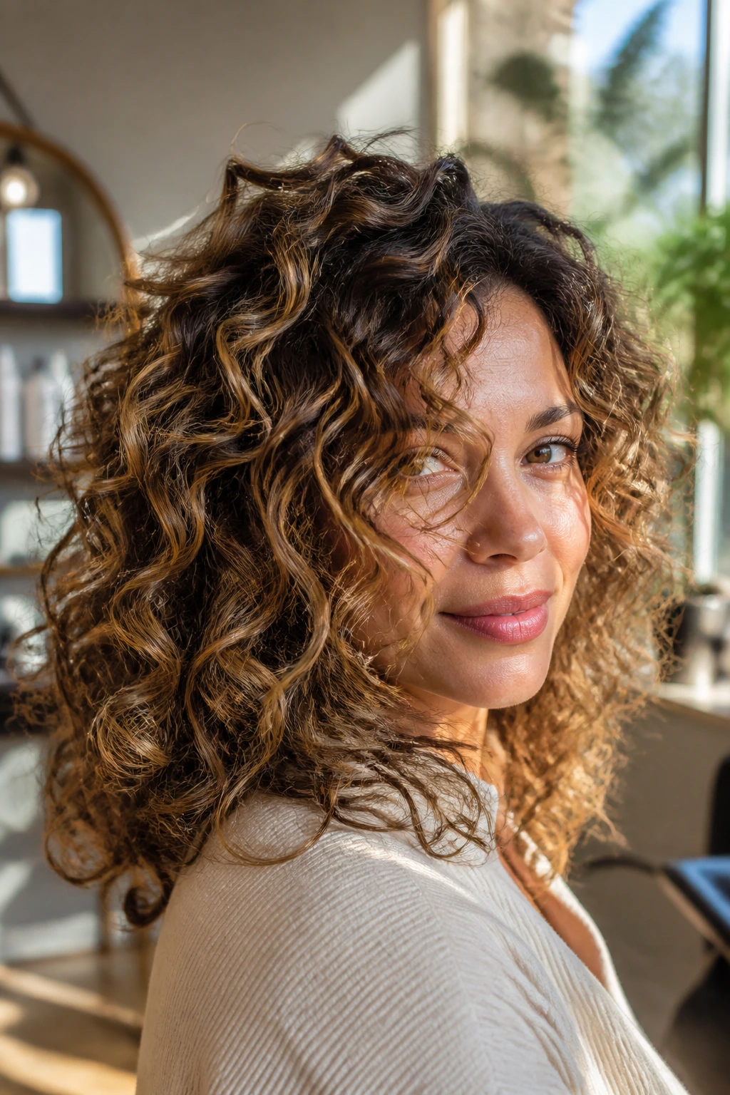 Close-up portrait of a real woman with curly hair showing sunlit babylights on curl peaks in warm window light