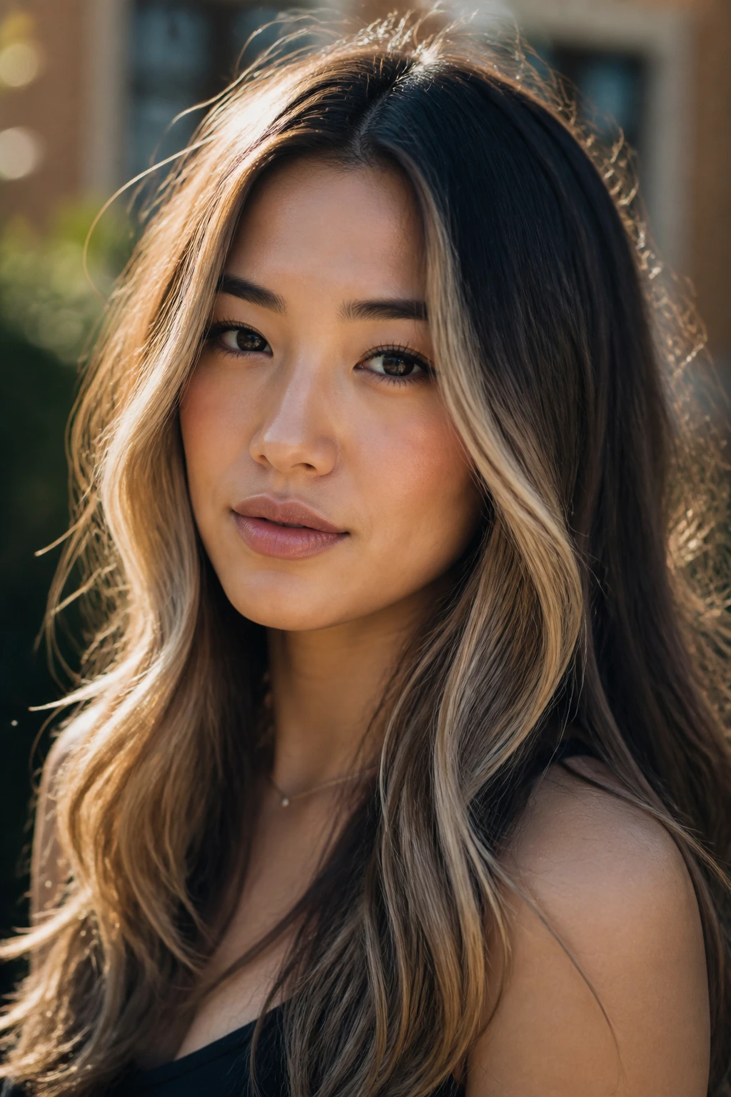 Close-up of a real woman with sunlit face-framing balayage in natural light