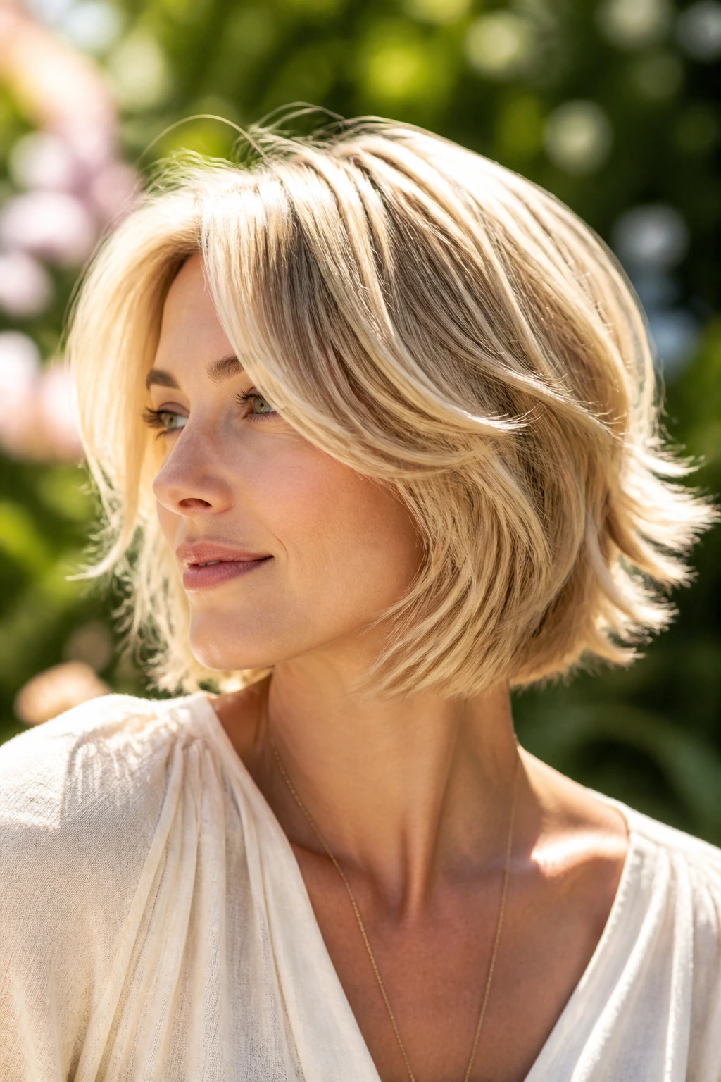Portrait of a woman with sunlit feathered bob catching warm light